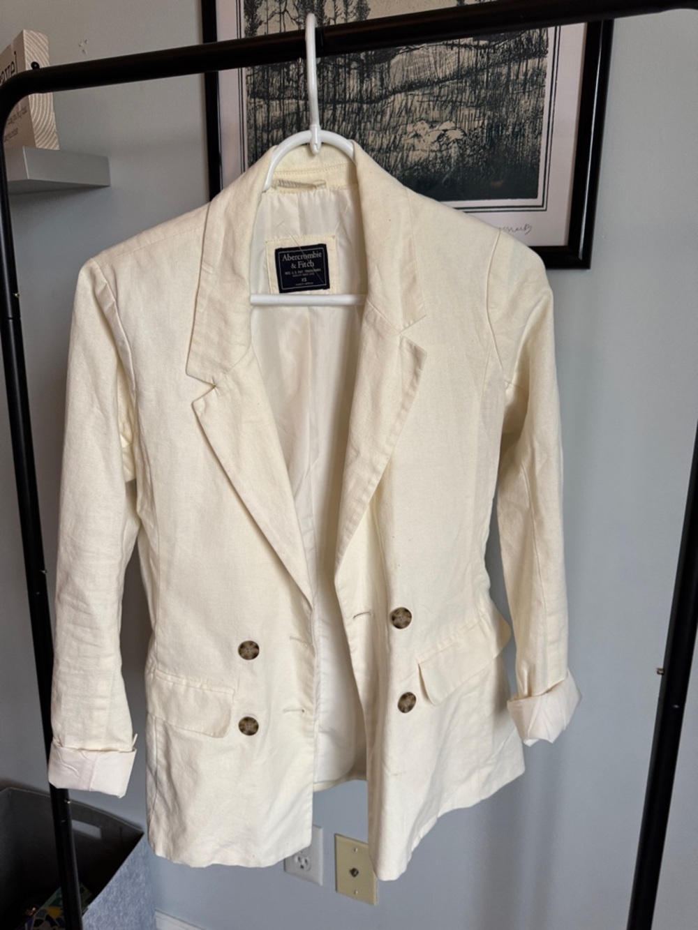 Abercrombie & Fitch Cream Double-Breasted Linen-Blend Blazer